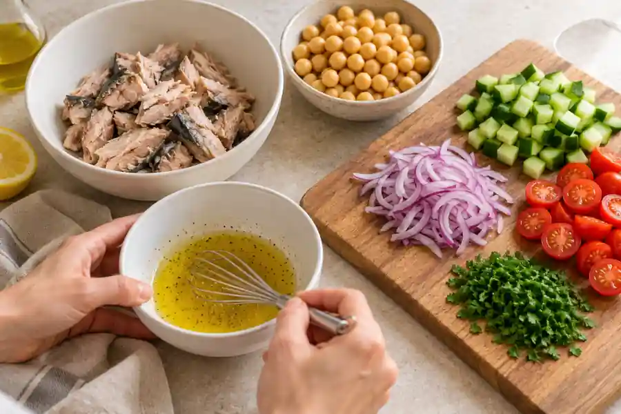 Canned Mackerel Recipes: 4 Easy Meals with Pantry Fish 3 Whisking lemon and olive oil dressing beside chopped salad vegetables