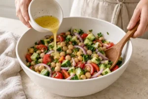 Canned Mackerel Recipes: 4 Easy Meals with Pantry Fish 10 Adding lemon dressing to chickpeas, cucumber, tomatoes and parsley