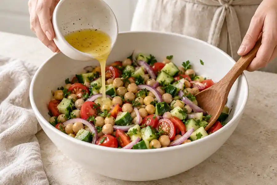Canned Mackerel Recipes: 4 Easy Meals with Pantry Fish 4 Adding lemon dressing to chickpeas, cucumber, tomatoes and parsley