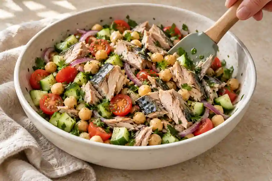 Canned Mackerel Recipes: 4 Easy Meals with Pantry Fish 5 Gently folding canned mackerel flakes into the dressed chickpea salad