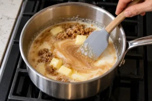 Homemade Caramel Apple Dip (Without Cream Cheese) 11 Melting butter with brown sugar and cream in a saucepan
