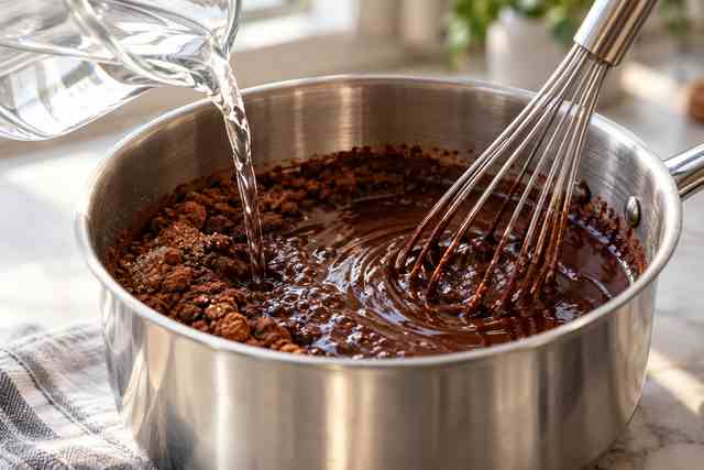 Mocha Syrup for Coffee: Easy Homemade Chocolate Coffee Syrup 4 Water being whisked into cocoa and sugar for mocha syrup