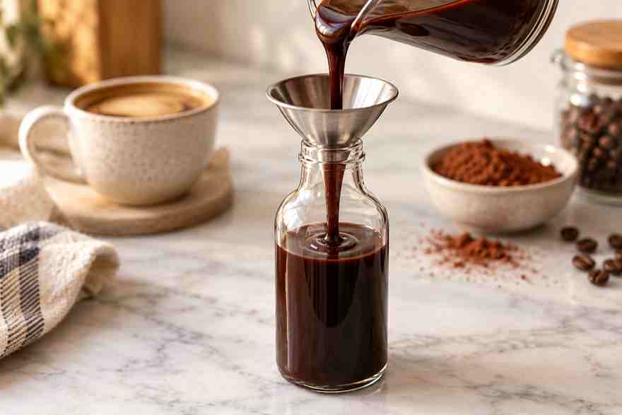 Mocha Syrup for Coffee: Easy Homemade Chocolate Coffee Syrup 7 Homemade mocha syrup for coffee being poured into a glass bottle