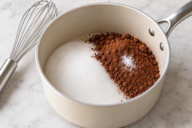 Mocha Syrup for Coffee: Easy Homemade Chocolate Coffee Syrup 3 Cocoa powder, sugar, and salt combined in a saucepan for homemade mocha syrup