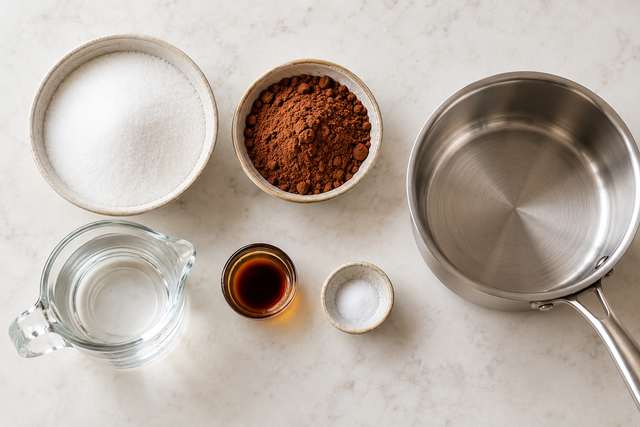 Mocha Syrup for Coffee: Easy Homemade Chocolate Coffee Syrup 2 Mocha syrup ingredients with cocoa powder, sugar, water, vanilla extract, and salt