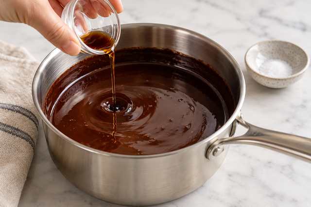 Mocha Syrup for Coffee: Easy Homemade Chocolate Coffee Syrup 6 Vanilla extract being stirred into homemade mocha syrup after cooking