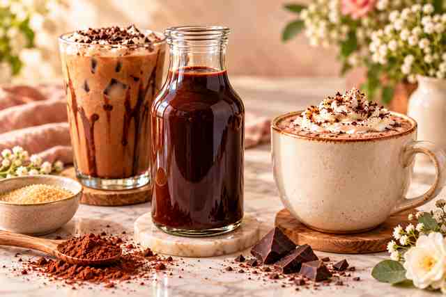 Homemade mocha syrup for coffee with hot and iced mocha drinks, cocoa, chocolate, and flowers