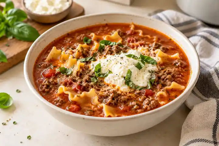 One-Pot Lasagna Soup ready to serve