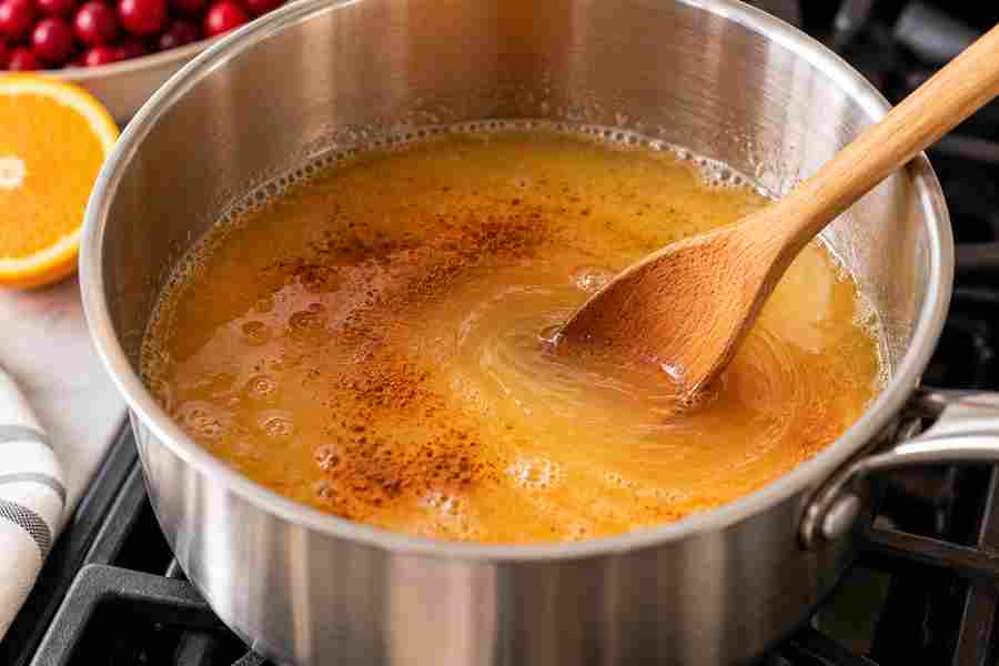 Homemade Cranberry Sauce Recipe With Orange 3 Orange juice, water, sugar, cinnamon, and salt simmering in a saucepan for homemade cranberry sauce