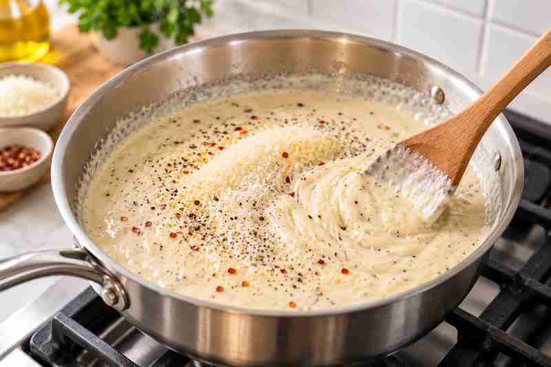 Creamy Garlic Pasta: Easy 20-Minute Dinner 6 Parmesan, black pepper, salt, and red pepper flakes stirred into creamy garlic pasta sauce