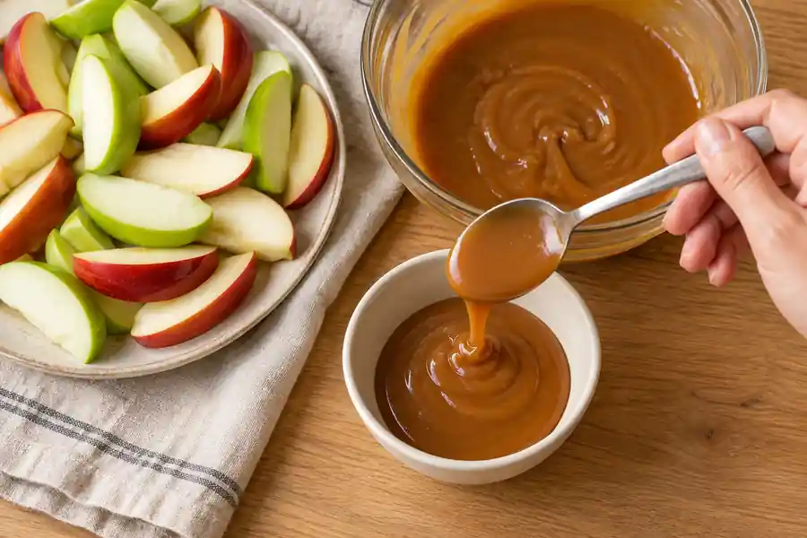 Homemade Caramel Apple Dip (Without Cream Cheese) 7 Portioning caramel apple dip into a clean bowl beside apple slices
