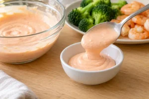 Yum Yum Sauce Without Rice Vinegar (Lemon Version) 13 Portioning chilled yum yum sauce into a clean dipping bowl