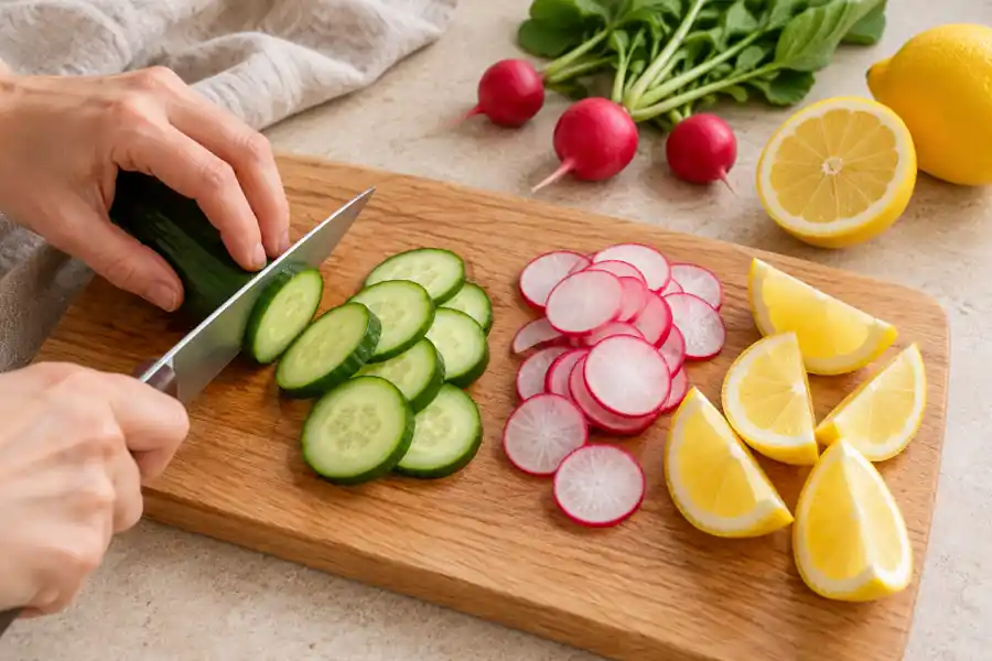 Tinned Fish Charcuterie Board with Sardines, Salmon and Tuna 2 Slicing cucumber and radishes and cutting lemon wedges for the fish board