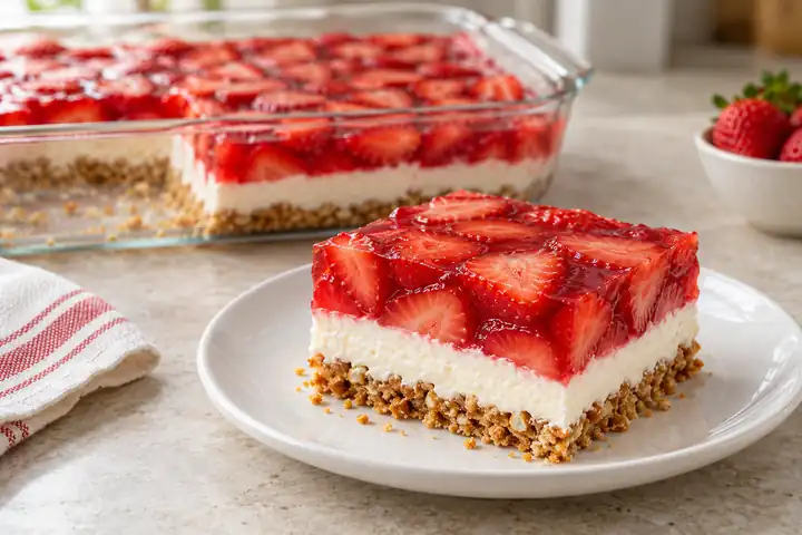 Strawberry pretzel jello salad slice with pretzel crust, white cream cheese filling and red fruit layer
