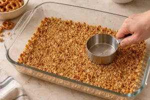 Pretzel Jello Salad with Strawberries (Pork-Free Gelatin) 10 Pressing buttered pretzel crumbs into a rectangular glass baking dish