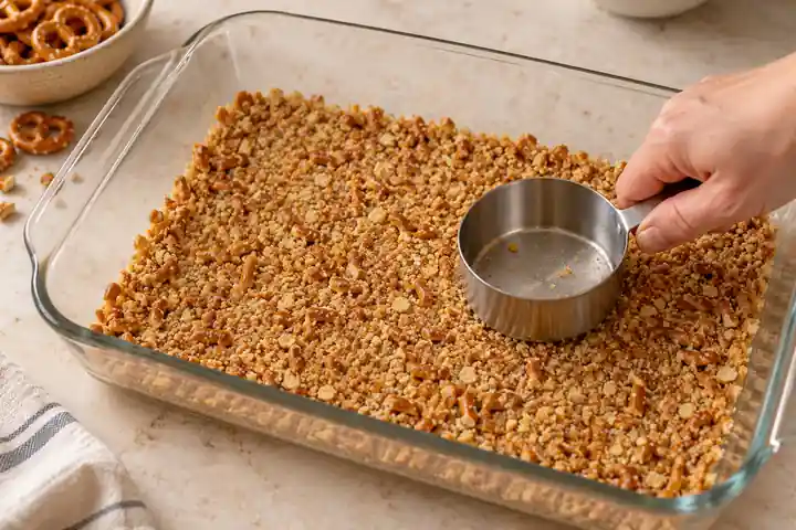Pretzel Jello Salad with Strawberries (Pork-Free Gelatin) 2 Pressing buttered pretzel crumbs into a rectangular glass baking dish
