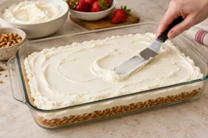 Pretzel Jello Salad with Strawberries (Pork-Free Gelatin) 12 Spreading cream cheese filling to seal the pretzel crust at every edge