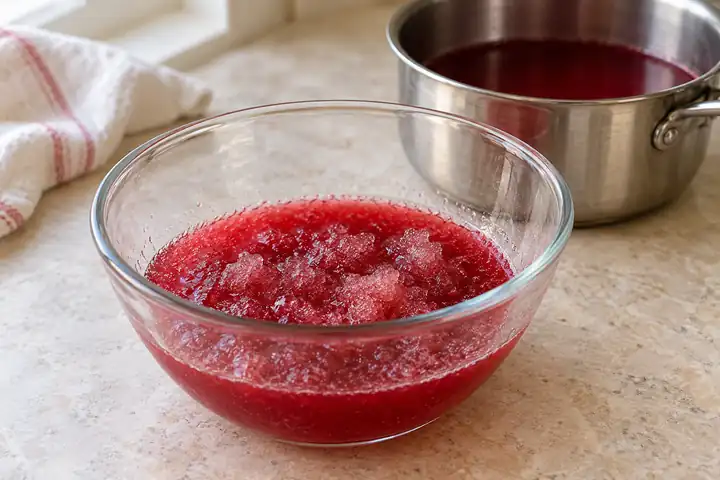 Pretzel Jello Salad with Strawberries (Pork-Free Gelatin) 5 Beef gelatin blooming in cold red fruit juice beside a saucepan of juice