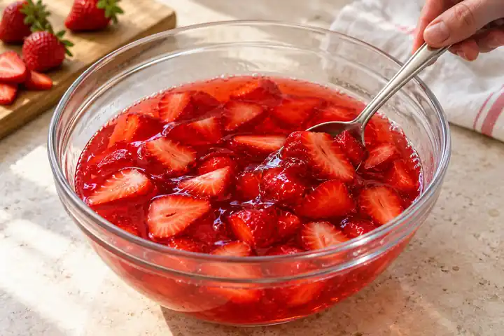 Pretzel Jello Salad with Strawberries (Pork-Free Gelatin) 6 Stirring sliced strawberries into cooled red fruit-juice gelatin