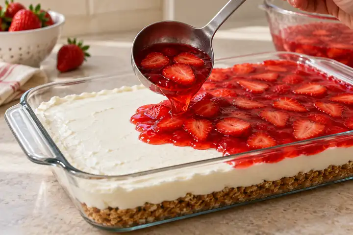 Pretzel Jello Salad with Strawberries (Pork-Free Gelatin) 7 Gently ladling strawberry gelatin over the chilled cream cheese layer