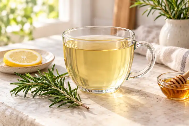 Strained rosemary tea in a glass mug with optional lemon and honey alongside