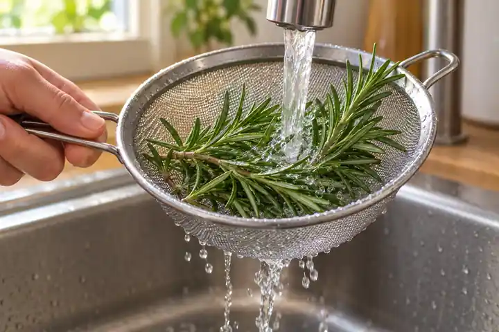 Rosemary Tea Recipe (Fresh or Dried Rosemary) 2 Rinsing fresh rosemary sprigs under running water in a sieve