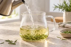 Rosemary Tea Recipe (Fresh or Dried Rosemary) 9 Pouring hot water over rosemary leaves in a heat-safe brewing jug