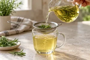 Rosemary Tea Recipe (Fresh or Dried Rosemary) 11 Straining rosemary tea through a fine-mesh sieve into a glass mug