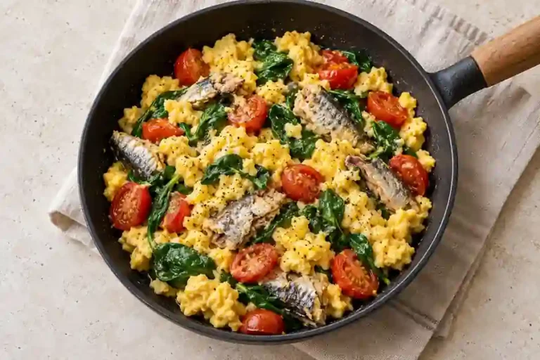 Sardines breakfast skillet with scrambled eggs, spinach and cherry tomatoes