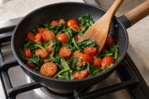 Sardines Breakfast Skillet with Eggs and Spinach 9 Cooking cherry tomatoes and spinach in a skillet before adding eggs