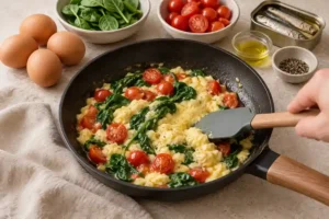 Sardines Breakfast Skillet with Eggs and Spinach 10 Gently scrambling eggs with tomatoes and spinach in the skillet