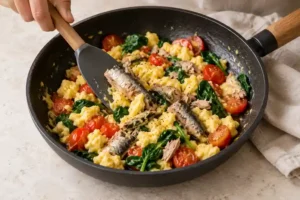 Sardines Breakfast Skillet with Eggs and Spinach 11 Folding drained sardines into fully cooked scrambled eggs and vegetables
