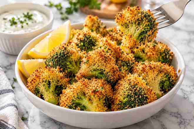 Crispy air fryer breaded broccoli served with lemon wedges and dipping sauce