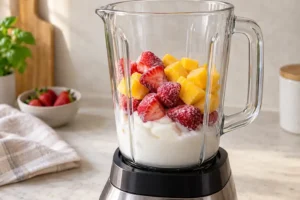 Strawberry Mango Smoothie with Yogurt 9 Milk, yogurt, frozen strawberries and mango chunks loaded into a blender before blending.