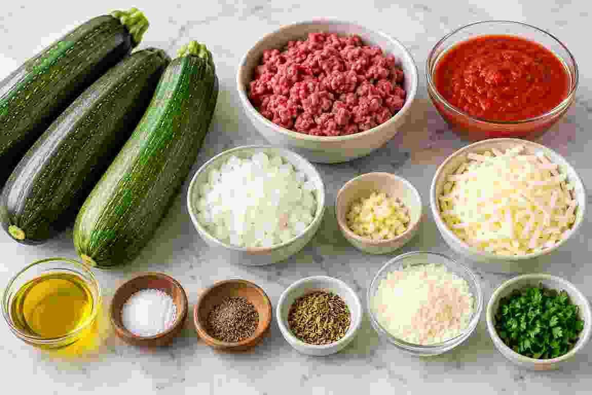 Stuffed Zucchini Boats with Ground Beef: Easy Dinner 2 Stuffed zucchini boats ingredients with zucchini, lean ground beef, onion, garlic, tomato sauce, mozzarella, Parmesan, olive oil, herbs, salt, and black pepper