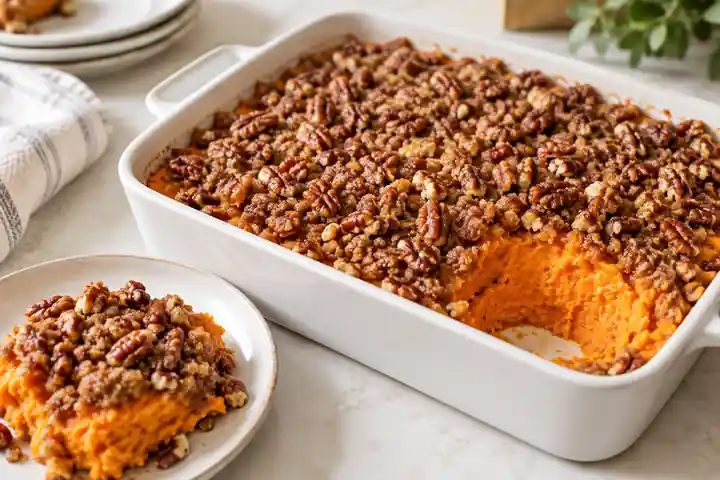 Sweet Potato Casserole With Pecans baked in a white dish