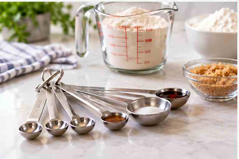 Measuring cup filled with flour and metal measuring spoons for tablespoons in a cup guide
