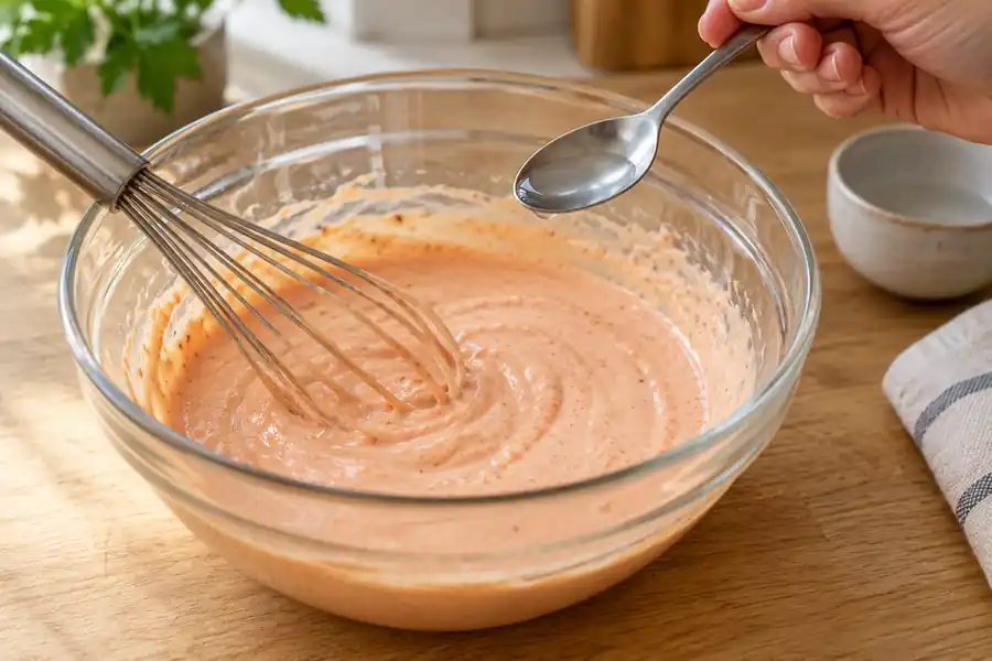 Yum Yum Sauce Without Rice Vinegar (Lemon Version) 4 Thinning creamy yum yum sauce with a teaspoon of water