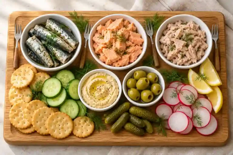 Tinned fish charcuterie board with sardines, salmon, tuna, crackers and vegetables