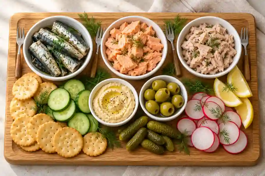 Tinned Fish Charcuterie Board with Sardines, Salmon and Tuna 6 Tinned fish charcuterie board with sardines, salmon, tuna, crackers and vegetables