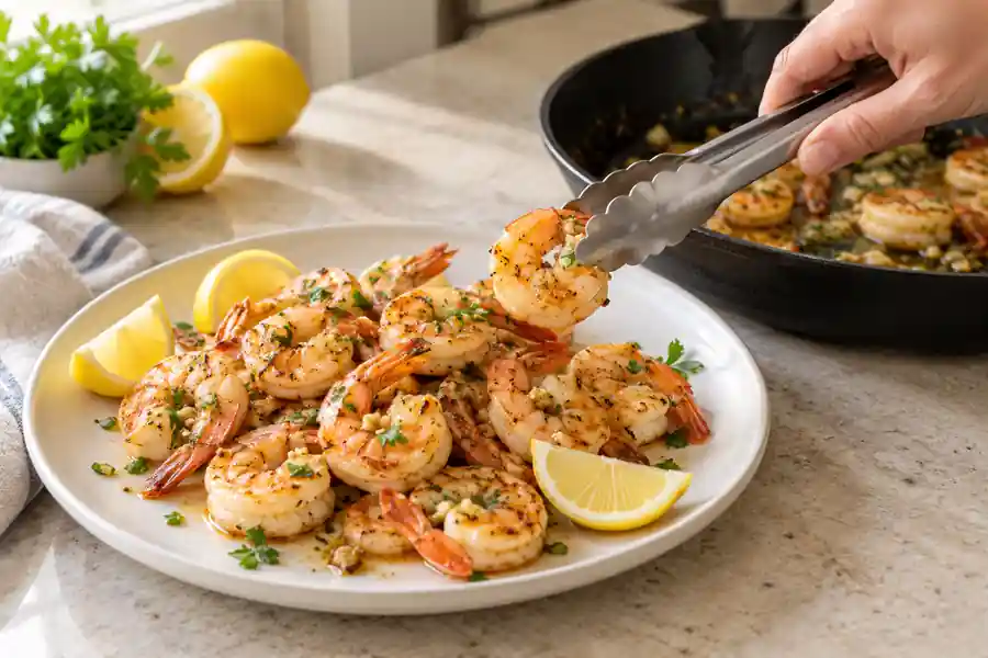 Simple Marinade for Shrimp (Lemon Garlic Recipe) 7 Transferring cooked shrimp to a clean serving plate