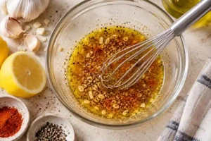 Simple Marinade for Shrimp (Lemon Garlic Recipe) 11 Whisking lemon garlic shrimp marinade in a glass bowl