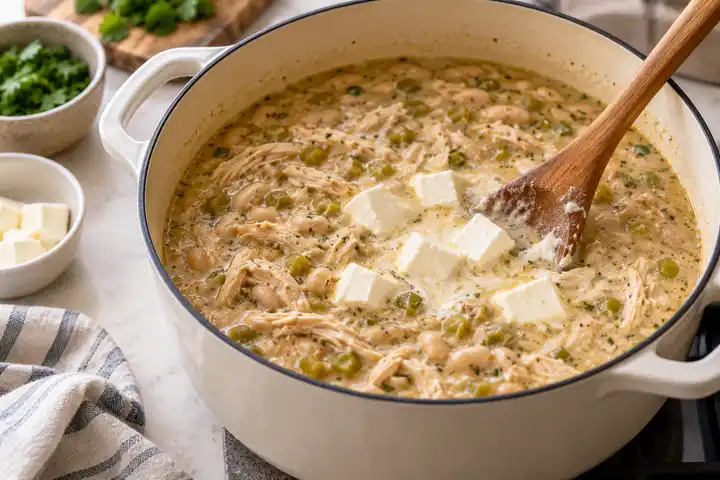 Easy White Chicken Chili Recipe (Creamy One-Pot Dinner) 5 White Chicken Chili: Stir in cream cheese