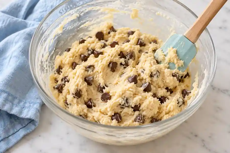 Chocolate Chip Cookies Without Brown Sugar (White Sugar Recipe) 4 Pale cookie dough with semisweet chocolate chips folded in