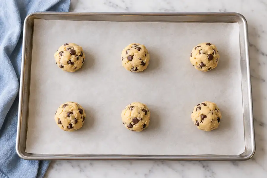 Chocolate Chip Cookies Without Brown Sugar (White Sugar Recipe) 5 Chilled white-sugar cookie dough portions spaced on parchment