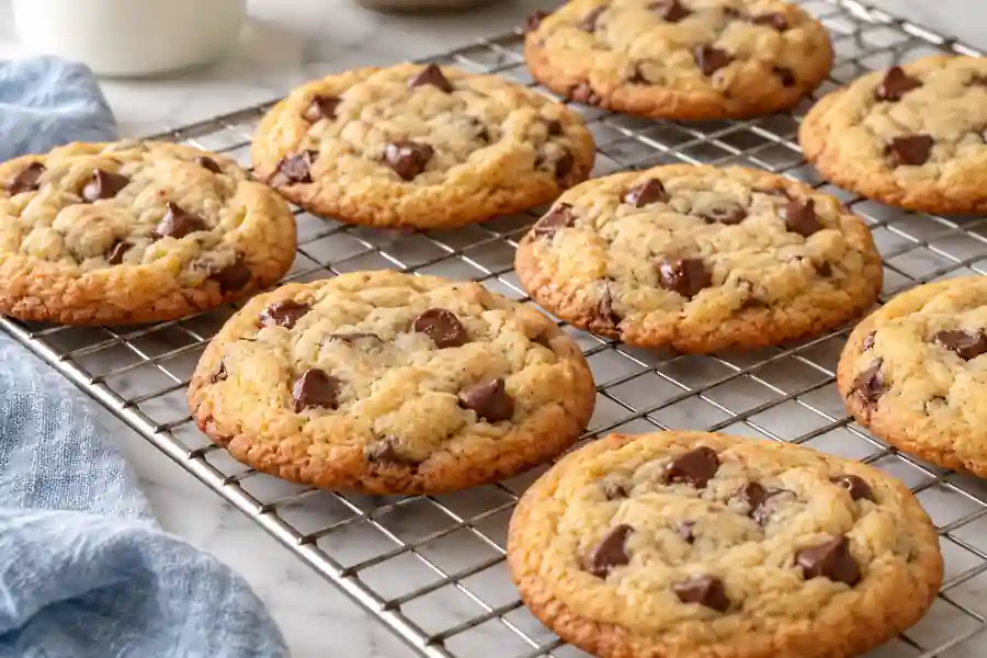 Chocolate Chip Cookies Without Brown Sugar (White Sugar Recipe) 6 White-sugar chocolate chip cookies cooling on a wire rack