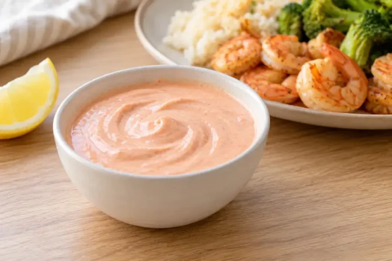 Yum yum sauce without rice vinegar served beside cooked shrimp, rice and broccoli