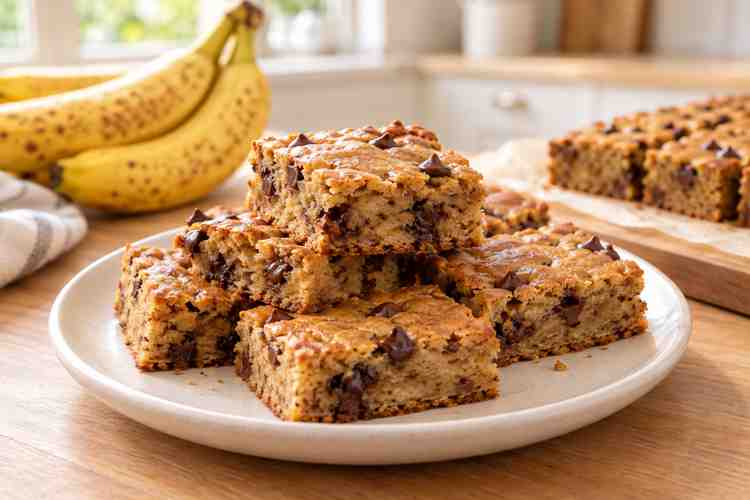 Soft golden banana chocolate chip bars stacked on a plate