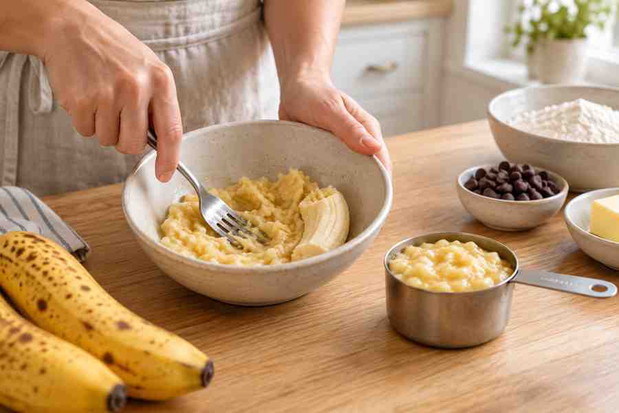Banana Chocolate Chip Bars: Soft & Easy Dessert 3 Ripe banana mashed with a fork and measured before baking