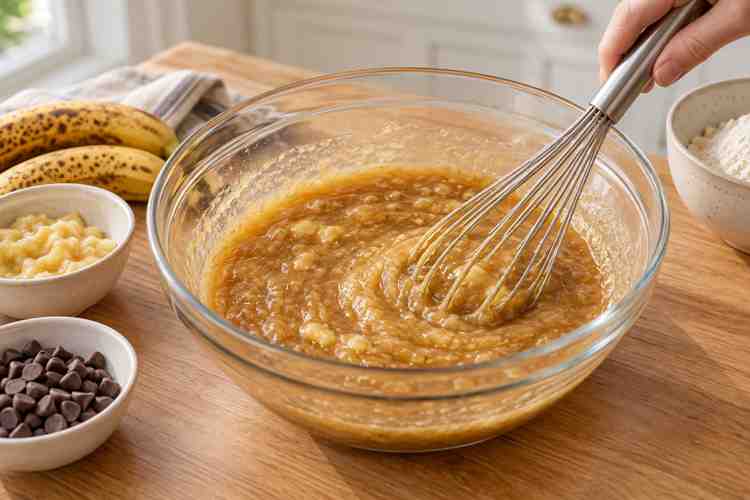 Banana Chocolate Chip Bars: Soft & Easy Dessert 4 Banana, melted butter, brown sugar and egg whisked in a bowl